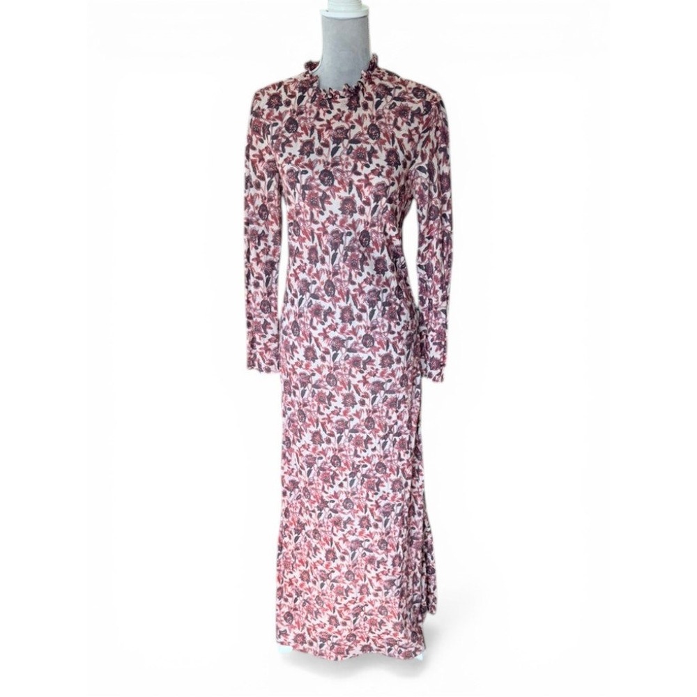 DOEN Ames Dress Women L Burgundy Floral Maxi Ruffle‎ High Neck Organic Cotton